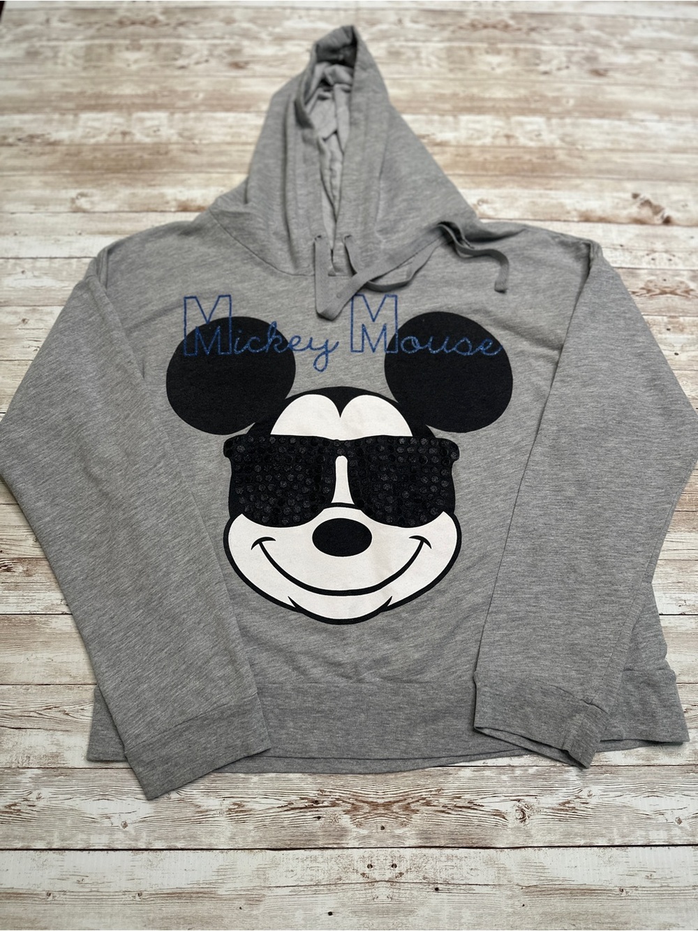 Disney Gray Mickey Mouse Hoodie with Blue Script